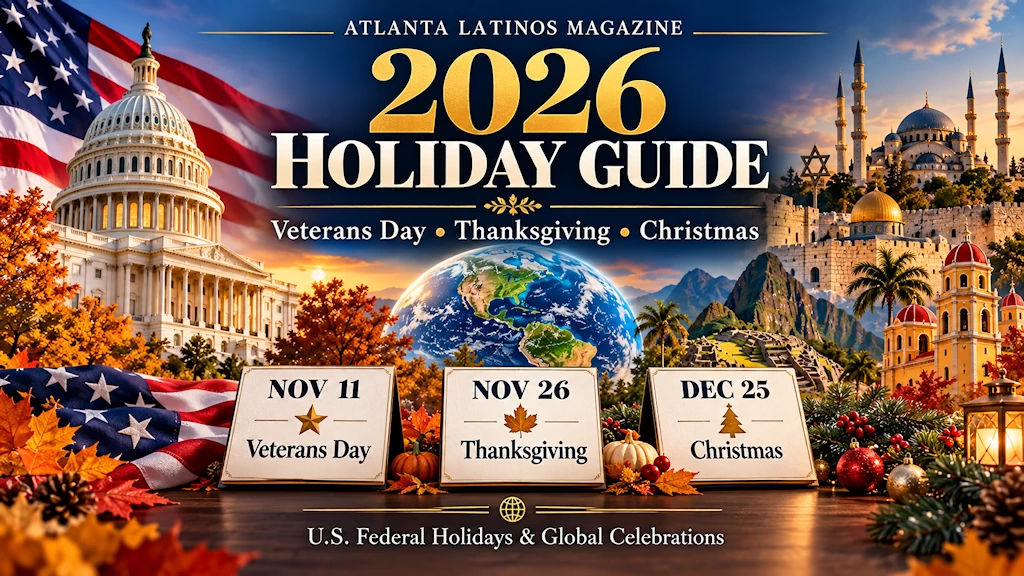 Atlanta Latinos Magazine artwork featuring Veterans Day November 11, Thanksgiving November 26, and Christmas December 25 in 2026
