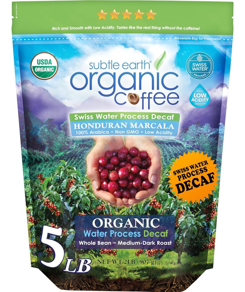 5 LB Subtle Earth Organic Decaf – Swiss Water Process Decaf – Medium-Dark Roast – Whole Bean Coffee – Low Acidity – CCOF Certified Organic – 5 Pound Bag