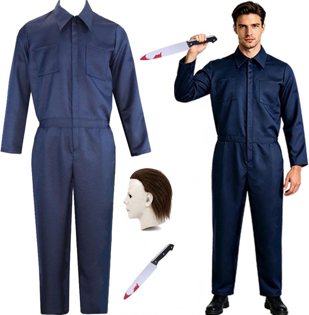 Adult Navy Blue Jumpsuit Coveralls with Creepy Mask & Prop Knife