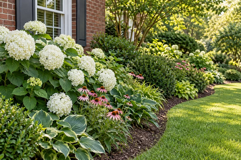 White hydrangeas and pink flowers in a garden bed beside a green lawn