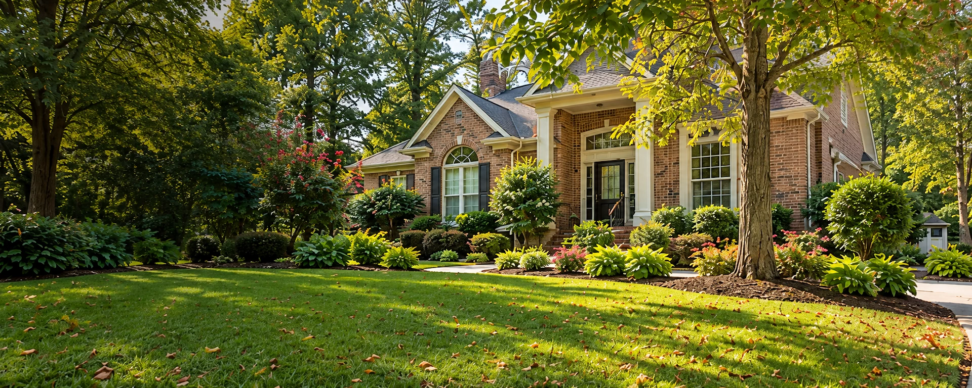 Landscaped brick home with a green lawn, mature trees and established garden beds