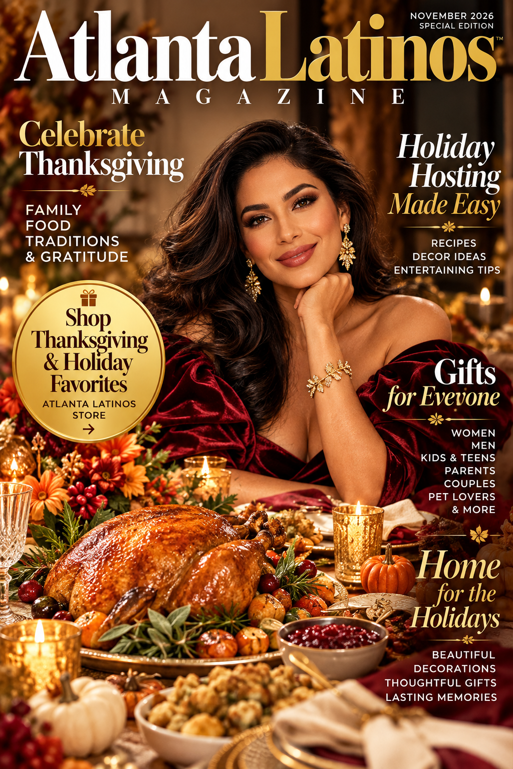 Atlanta Latinos Thanksgiving Edition magazine cover featuring a festive holiday celebration