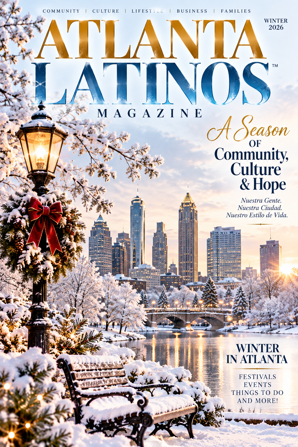 Atlanta Latinos Magazine Winter in Atlanta 2026 vertical winter edition cover featuring a snowy Atlanta skyline