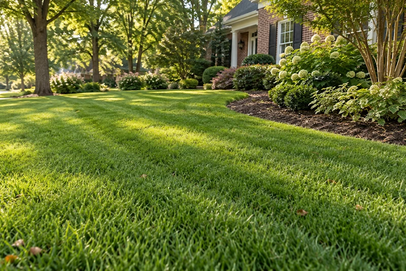 Maintained residential lawn beside a curved mulched garden bed