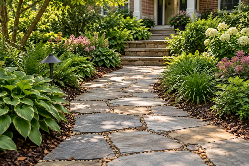 Natural flagstone garden walkway leading through planting beds to a brick home