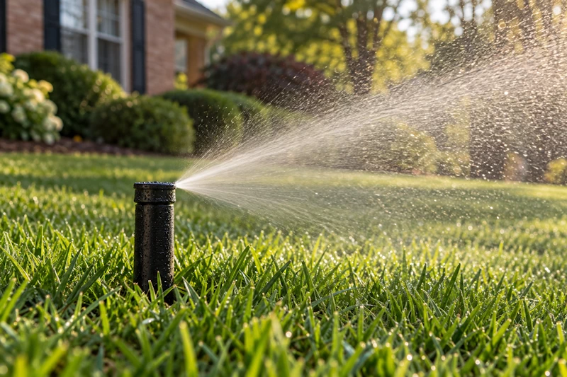 Pop-up sprinkler watering a residential lawn in soft sunlight
