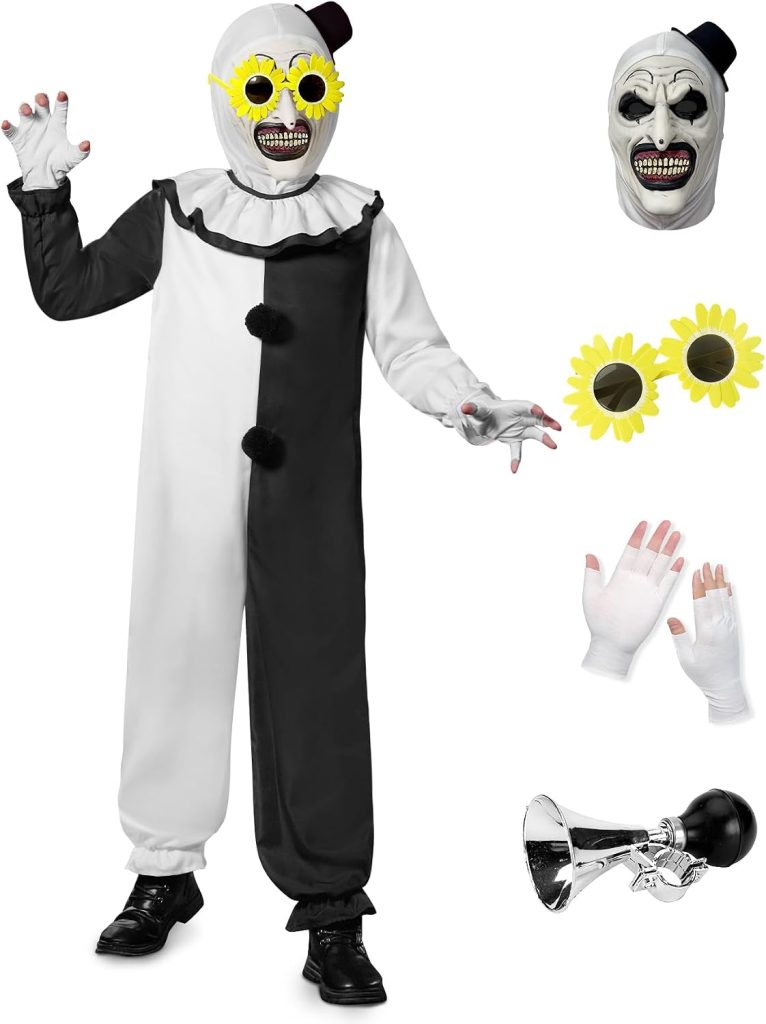 BesserBay 5Pcs Kids Halloween White and Black Killer Clown Outfit Ruffle Collar Costume 6-16 Years