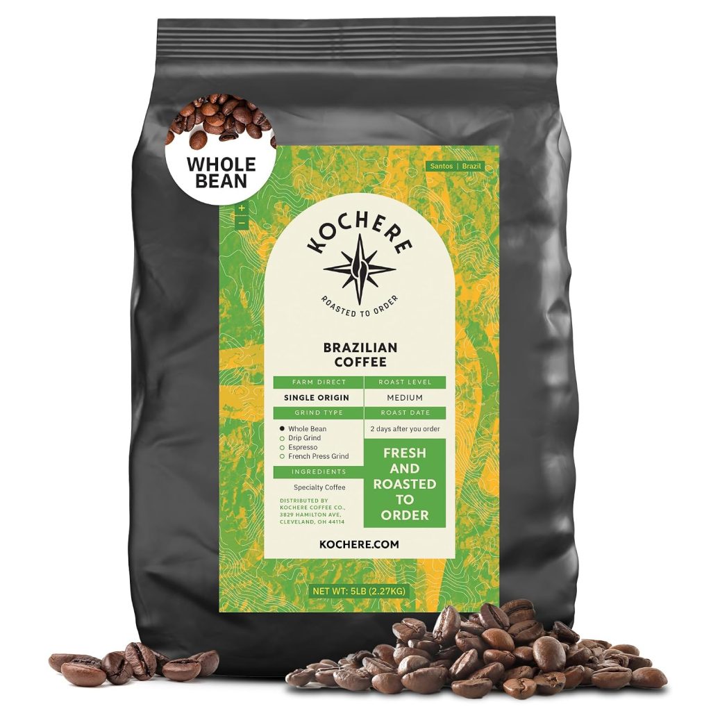 Brazilian Santos Whole Bean, 5LB, Single Origin, Low Acid Kochere Coffee