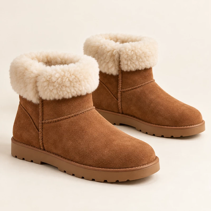 Chestnut ankle boots with soft ivory cuffs and low soles