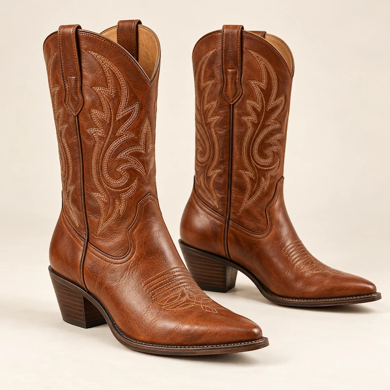 Cognac-brown western boots with decorative stitching and stacked heels