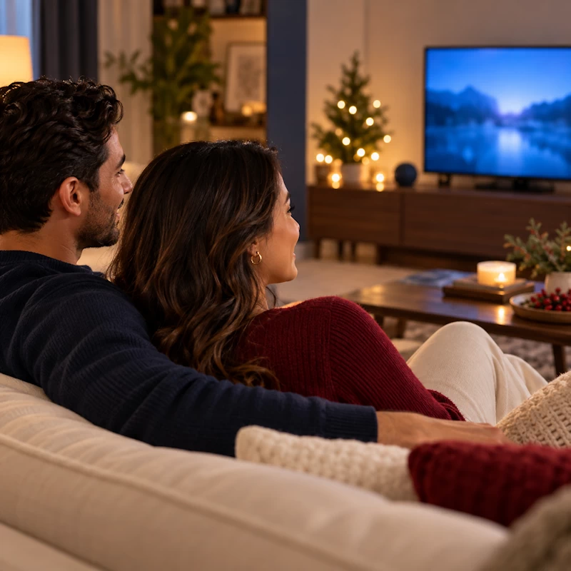 Pareja disfrutando del entretenimiento en casa con dispositivos al fondo