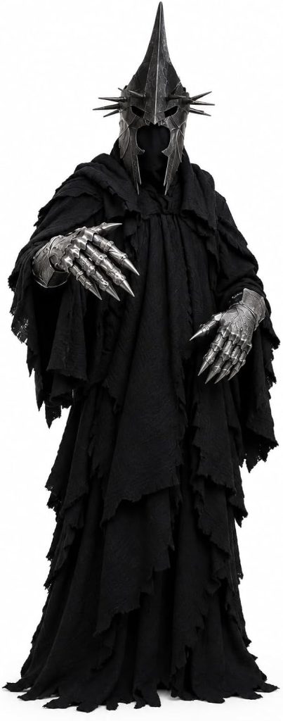 Dark Fantasy Warrior Costume for Adults, Medieval Knight Cosplay Outfit with Hooded Robe, Pointed Helmet Mask, Armored Gauntlet Gloves & Gothic Battle Costume for Halloween, LARP, Role Play & Events