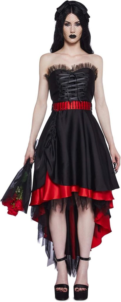 Dolls Kill Romancing Helena Halloween Costume Set by Trickz N' Treatz – Women’s Strapless Satin Dress with Veil & Bouquet