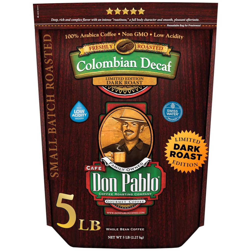 Don Pablo Colombian Decaf - Limited Edition Dark Roast Gourmet Coffee, Swiss Water Process Decaf, 100% Arabica Whole Bean, Non-GMO, Low Acidity, 5 Pound (5 lb) Bag