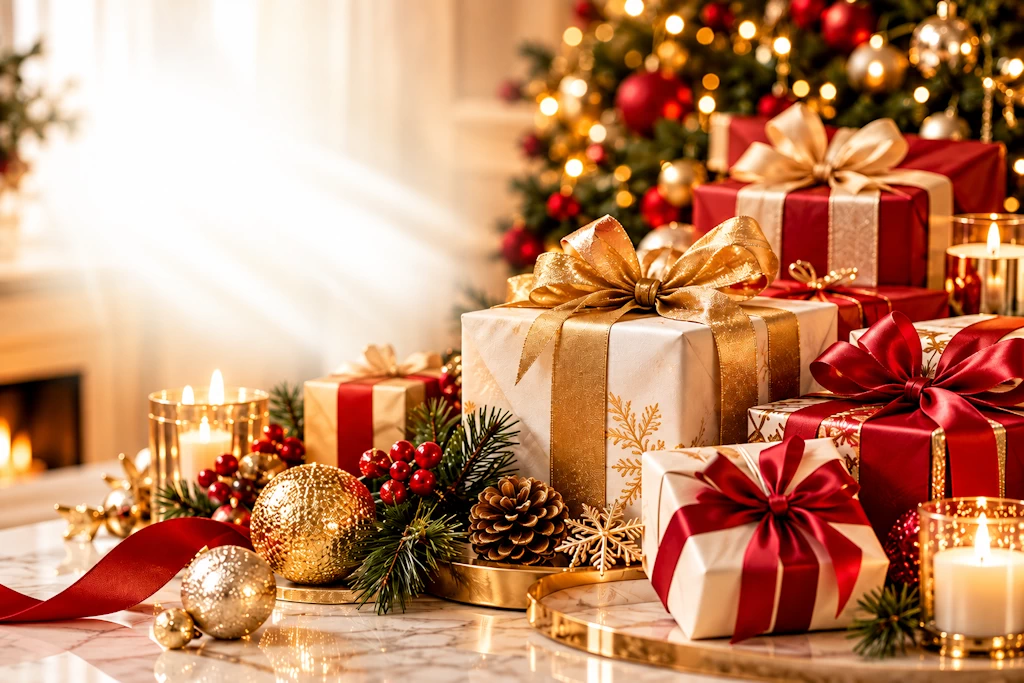 Inspiración navideña con regalos y detalles en rojo y dorado