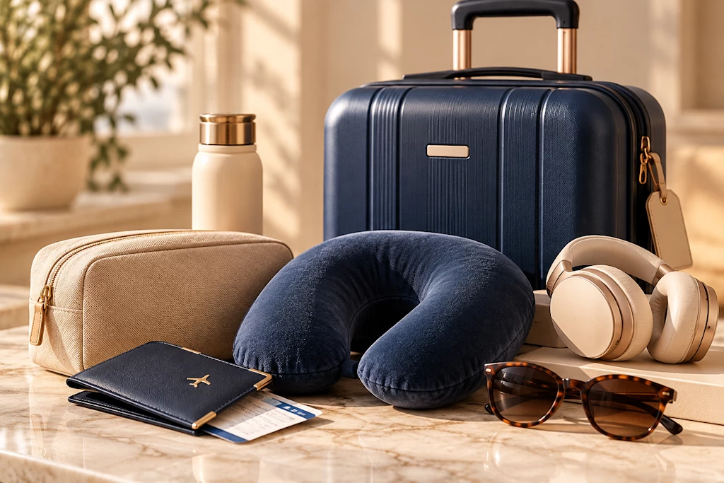 Elegant travel packing essentials with luggage and coordinated travel accessories