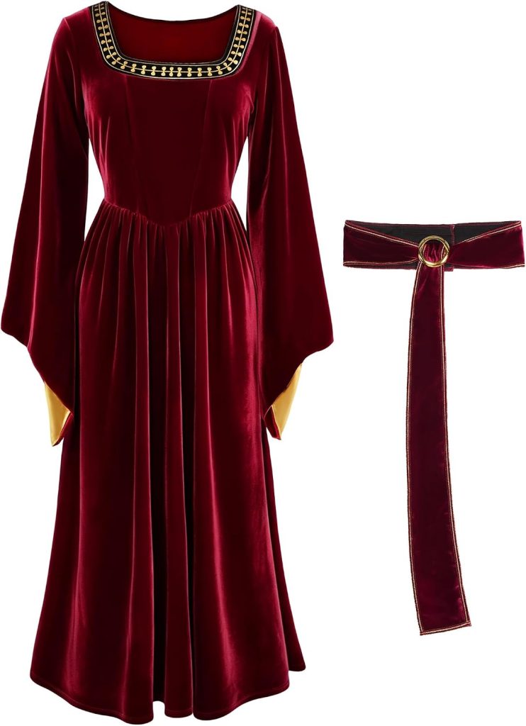 Evil Witch Costume Women Dark Red Renaissance Dress Halloween Outfit