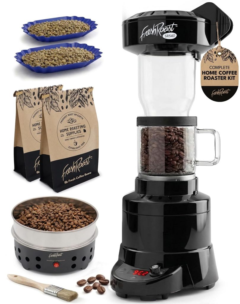 Fresh Roast SR540 Coffee Roaster Bundle - Includes Glass Extension Tube, Coffee Bean Cooler, Green Coffee Beans, Sample Trays & Chaff Brush