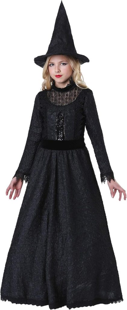 Fun Costumes Girl's Deluxe Dark Witch Costume Dress with Hat | Wicked Spell Casting Halloween Outfit for Kids Play Pretend