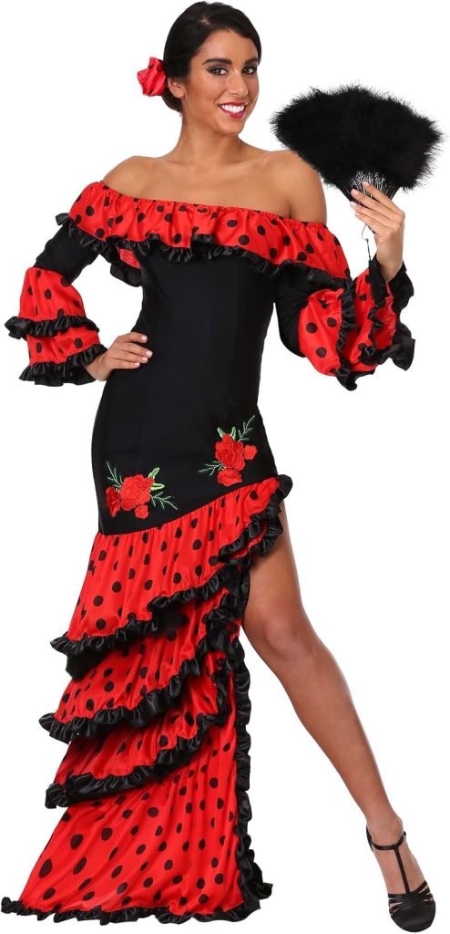 Fun Costumes Women's Spanish Senorita Costume, Red and Black Spanish Dancer Dress, Spain Celebration Dress Halloween Outfit