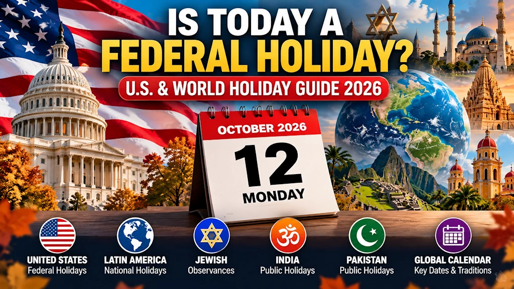 Historical October 12, 2026 holiday illustration featuring U.S. and international cultural symbols