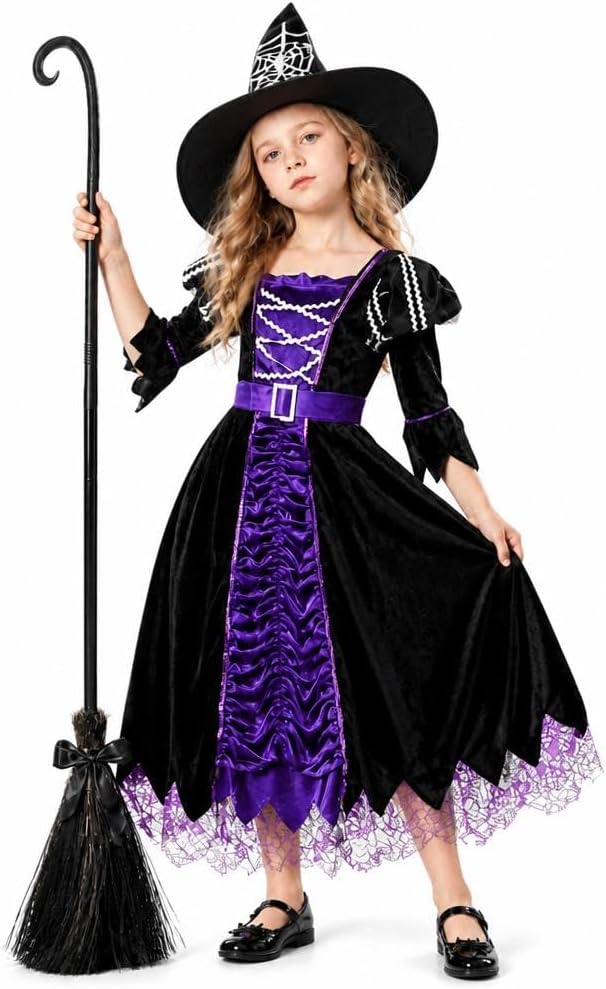 GlowSol Girls Witch Costume with Hat and Belt, Halloween Dress Up Outfit