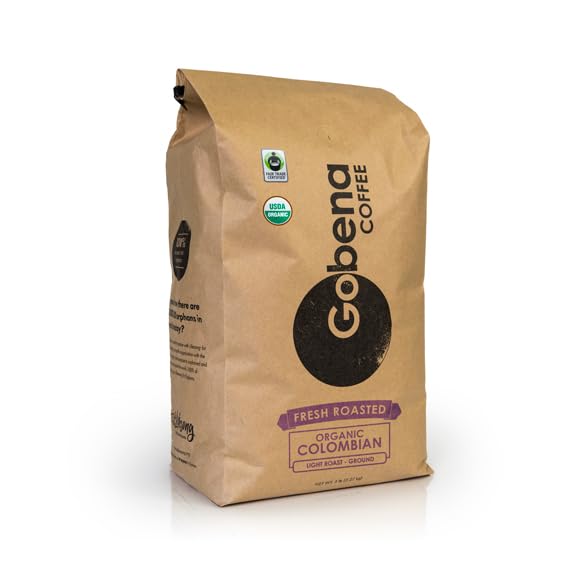 Gobena Coffee 5lb Fair Trade Organic Certified Colombian Ground Light Roast,100% Arabica Specialty Coffee, 80 ounces, 5 pounds, Bulk