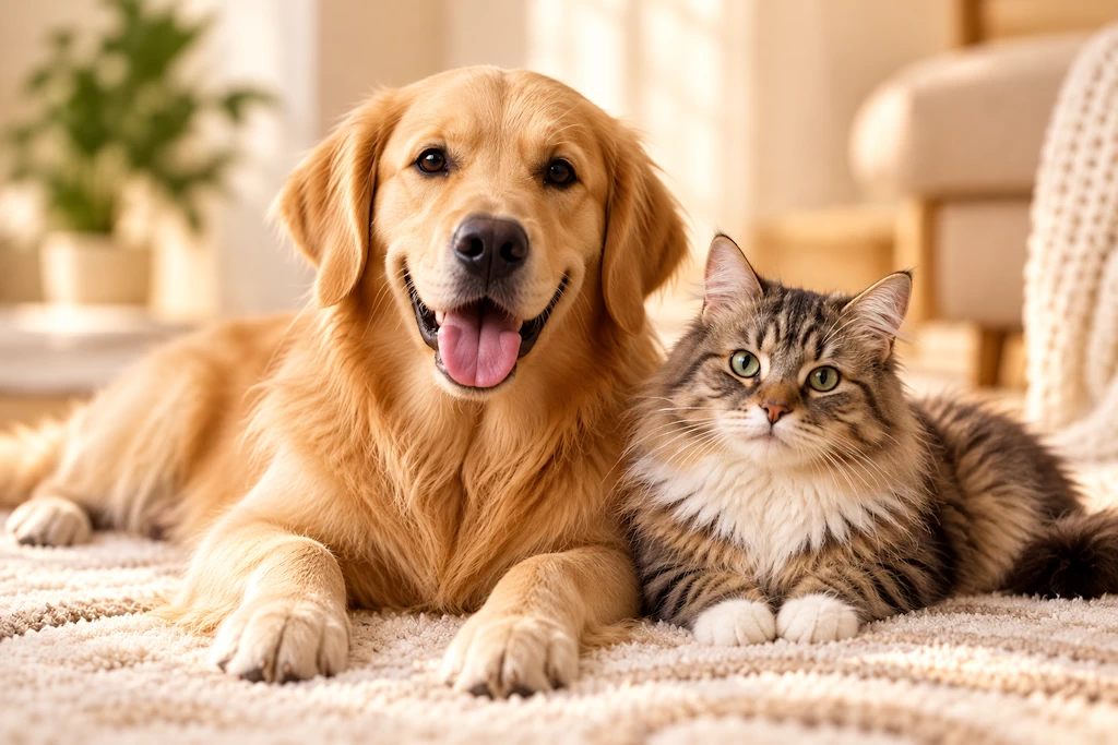 Golden retriever and fluffy cat relaxing together in a beautiful home