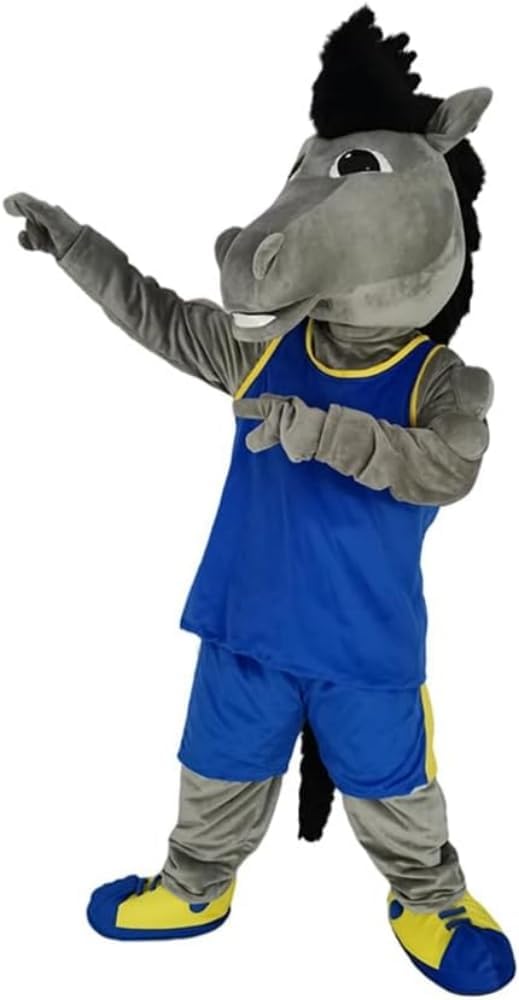 Gray Mustang Horse Mascot Costume In Royal Blue Jersey Adult Size for Men & Women with Built-in Fan Inside the Head