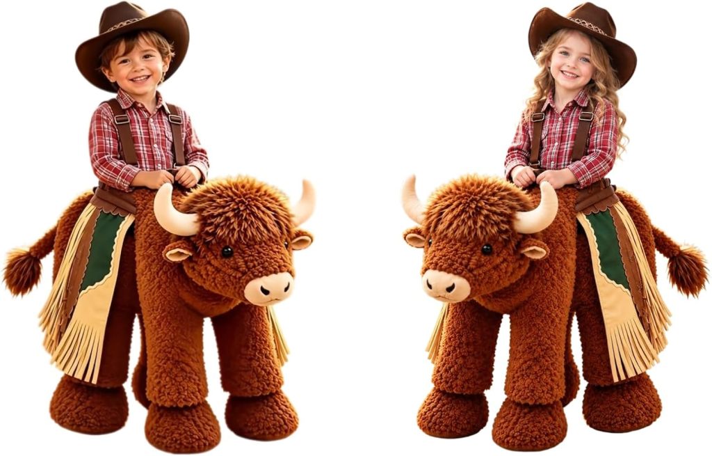 Highland Bison Ride-On Costume,Plush Bull Riding Outfit with Fringe Saddle