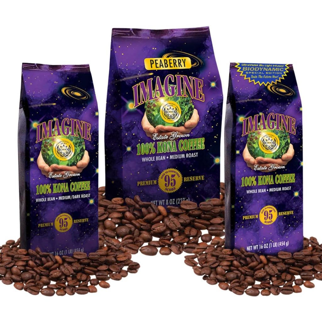 Imagine Kona UltraViolet Blu Light Infused Biodynamic Special Edition, Organic Coffee Beans, Peaberry Rare Coffee Beans