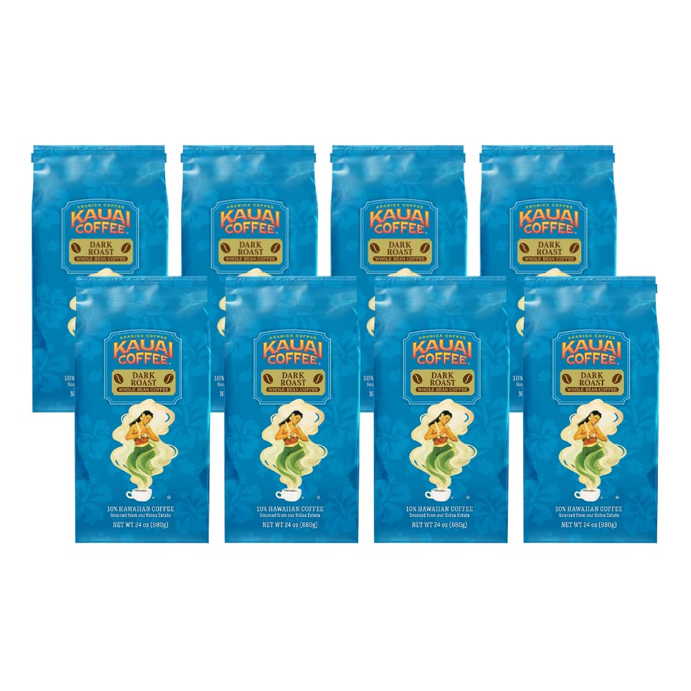 Kauai Whole Bean Coffee, Koloa Estate Dark Roast Coffee from Hawaii’s Largest Grower Bold, Rich Blend 32 Ounce (Pack of 8)