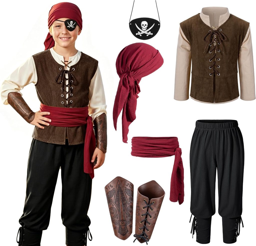 Kids Pirate Costume Medieval Renaissance Boys Pirate Captain Shirt Vest Pants Accessories Halloween Cosplay