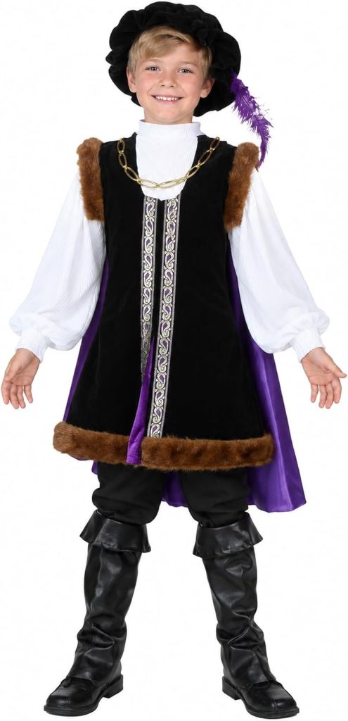 Kids Renaissance Costume | Medieval Nobleman Outfit With Faux Fur Trim, Includes Purple Cape, Boot Covers, Hat