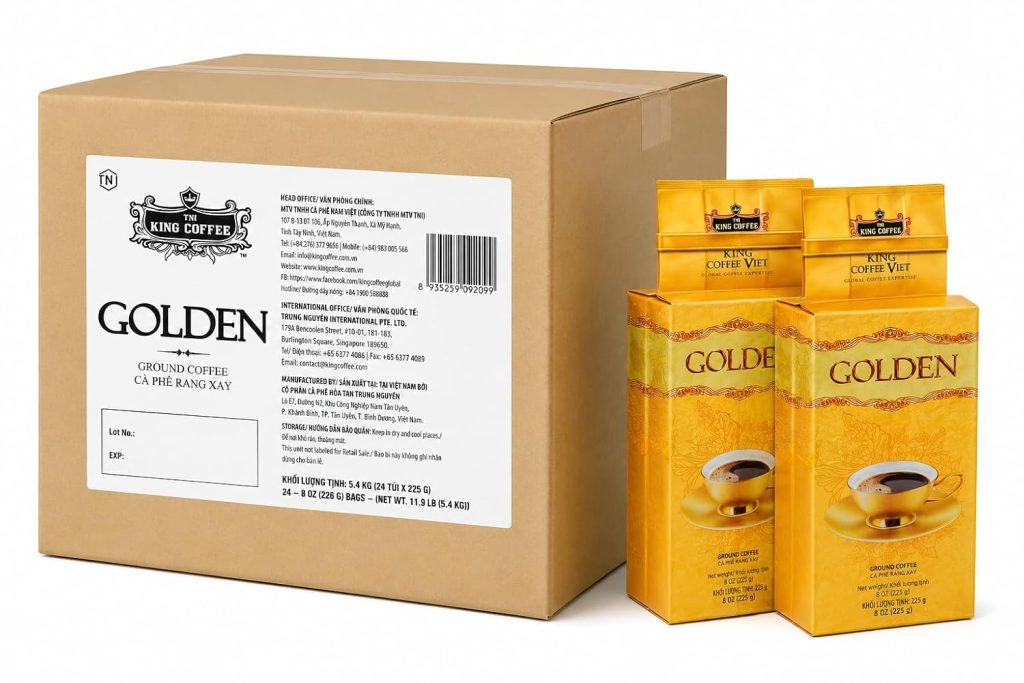 King Coffee Premium Ground Coffee - GOLDEN - 225g includes Arabica from Brazil, Colombia, Ethiopia, Guatemale, Indonesia, Cau Dat & Robusta from Vietnam (24 Bags)