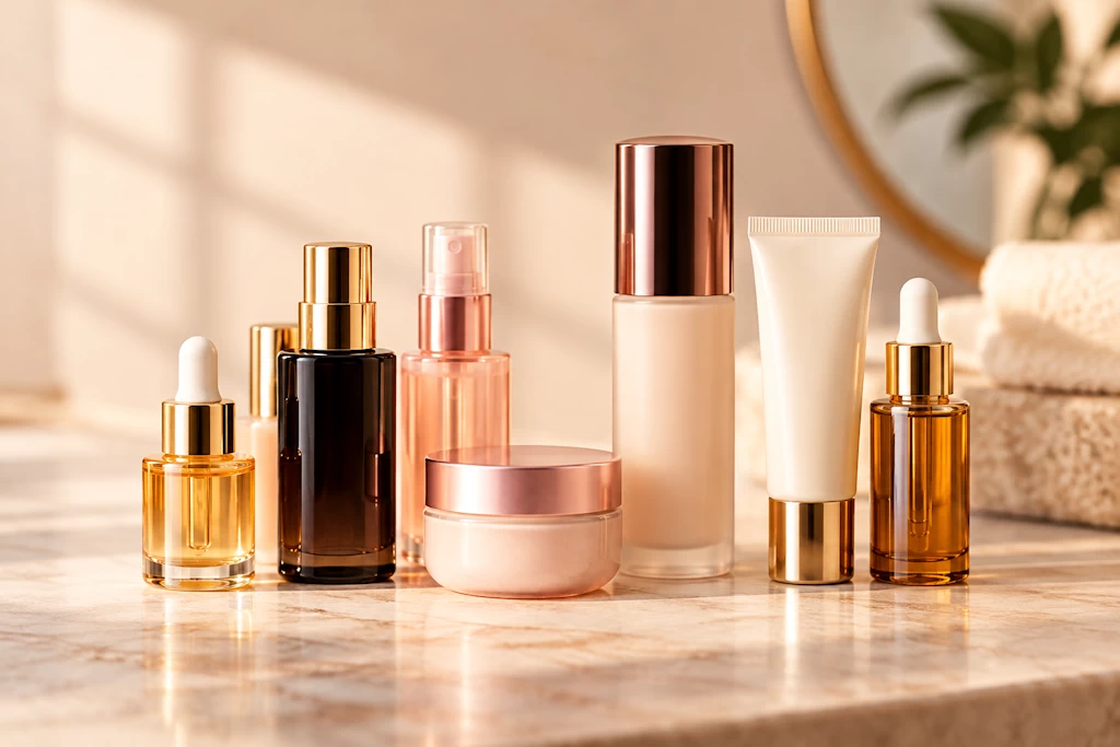 Warm-toned skincare and beauty products arranged in an elegant still life