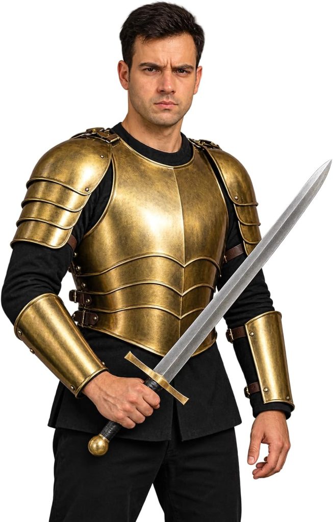 Medieval Armor Costume Set for Men, Renaissance Knight Body Armor with Chest Plate, Shoulder Guards,Arm Bracers and Leg Guards, Cosplay Armor for Halloween, LARP, Role Play, Costume Parties & Events