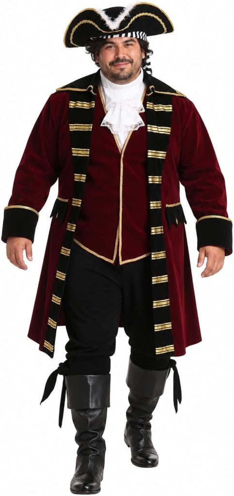 Mens Plus Size Deluxe Captain Hook Halloeen Costume | Adult Pirate Outfit with Jacket, Pants, Vest, Jabot, Hat, & Boot Tops