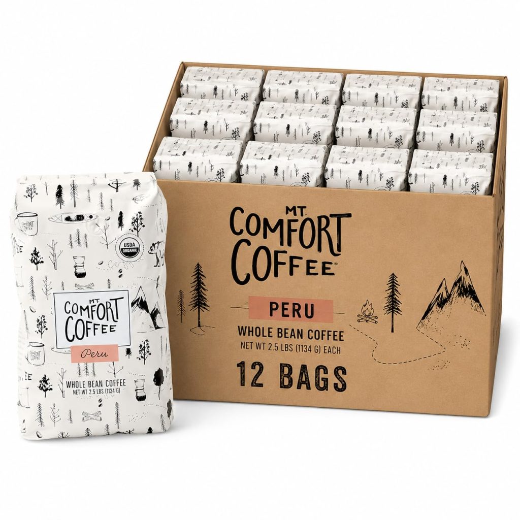 Mt. Comfort Coffee Organic Peru Whole Bean Coffee, Medium Roast, 2.5 lb Bags, 12 Count Case Pack | Bulk Coffee for Office, Hospitality & Commercial Use