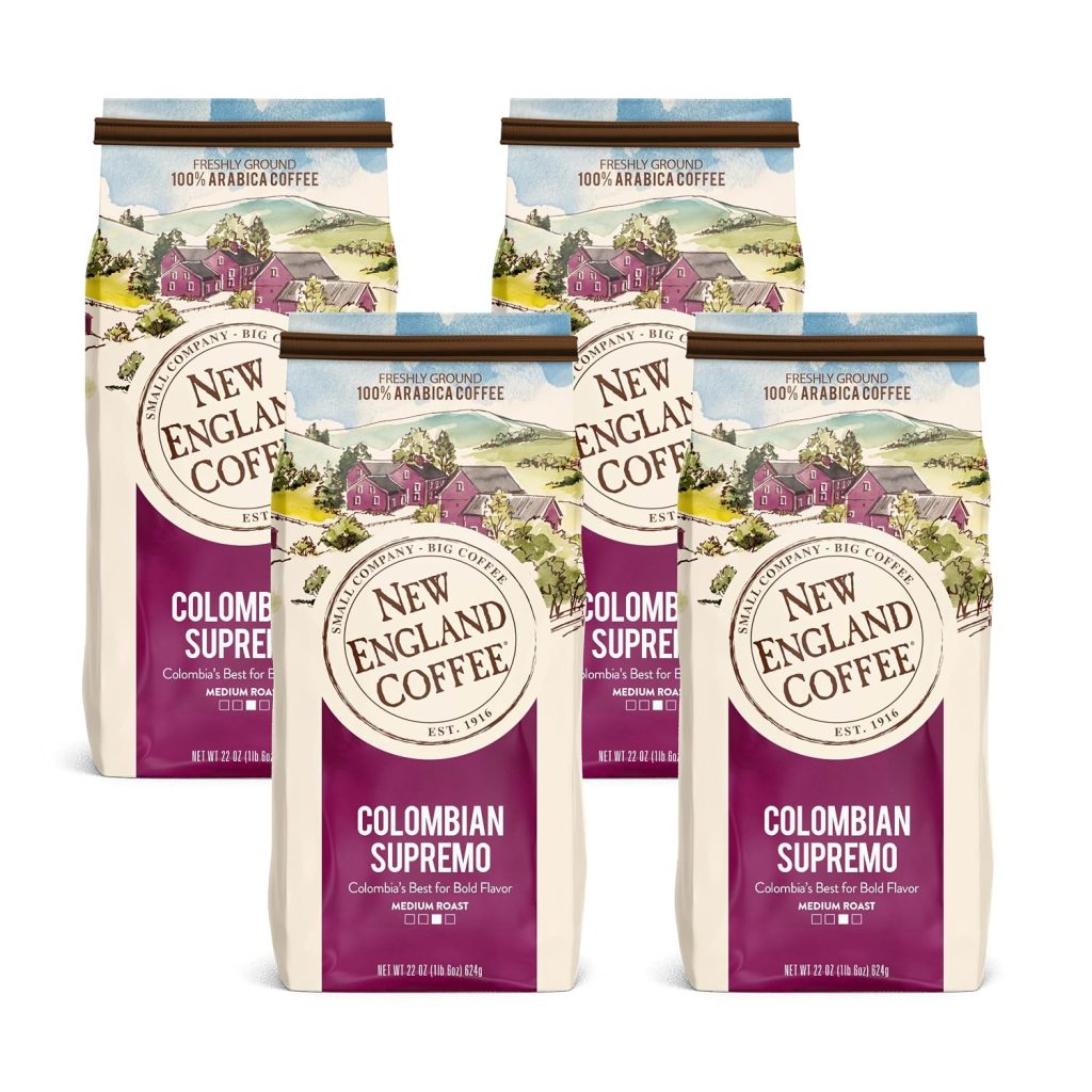 New England Coffee Colombian Supremo Medium Roast Ground Coffee, 22oz Bag (Pack of 4)