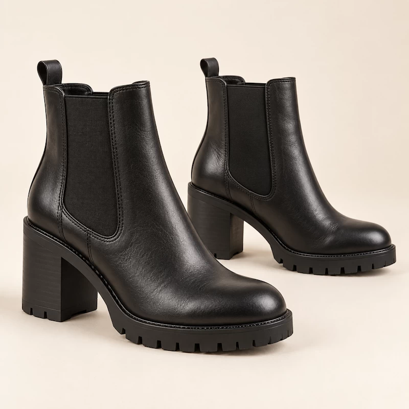 Black Chelsea ankle boots with chunky block heels and lug soles