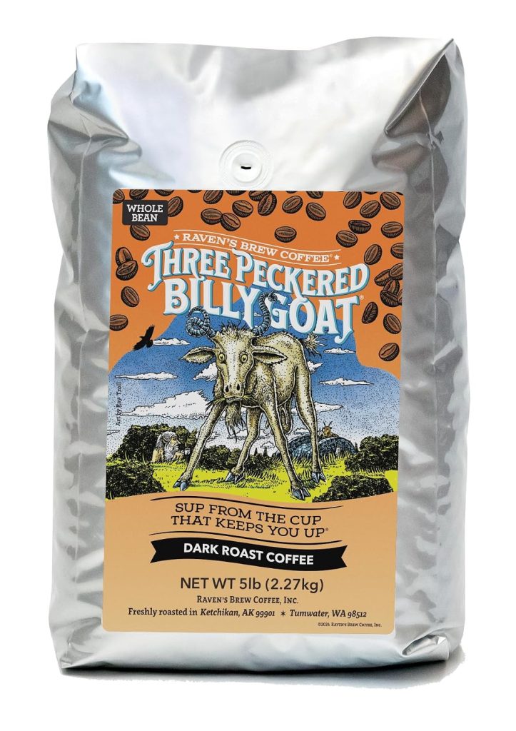 Raven's Brew Coffee Three Peckered Billy Goat, 12 Ounce - Dark Roast - Full Body with a Long Sweet Finish (Whole Bean, 5 Lb)