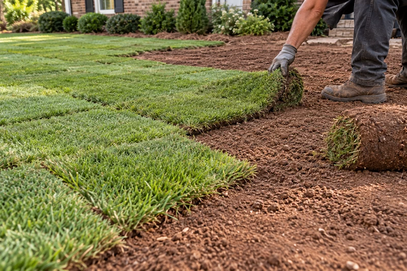 Fresh sod being installed over prepared soil in a residential yard