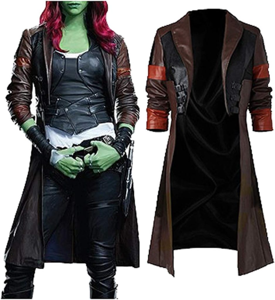 SpazeUp Women's Gamora Costume Maroon Leather Trench Coat Halloween Costume Cosplay Gamora Galaxy Long Jacket