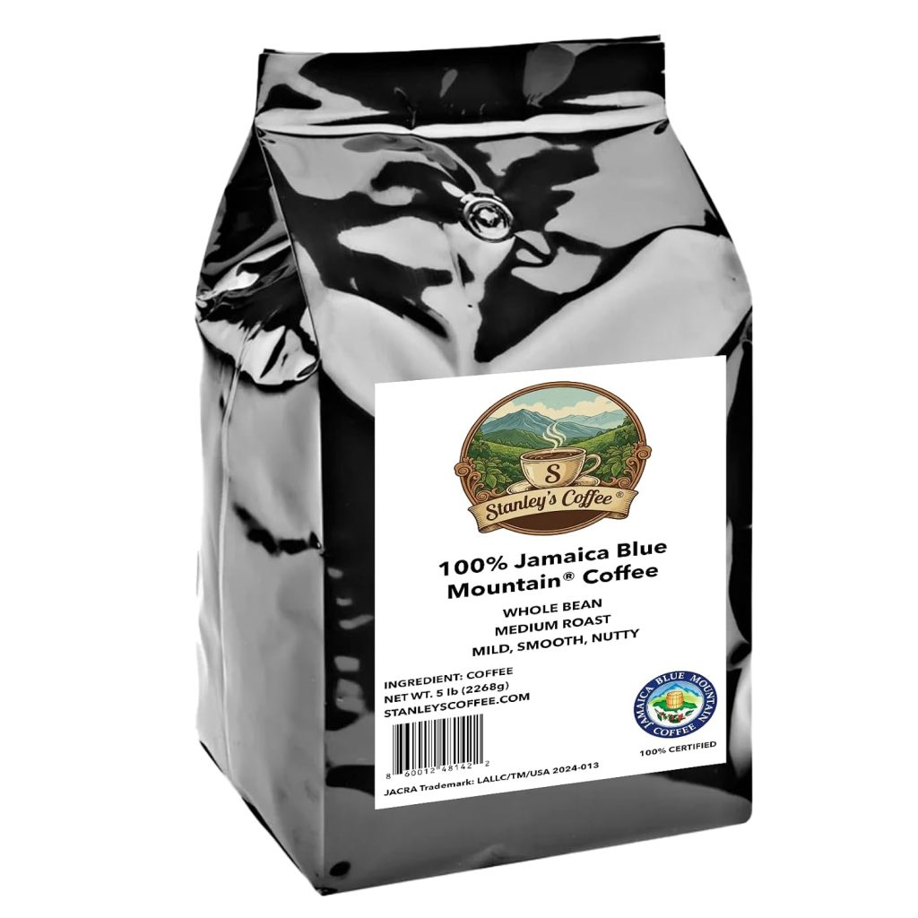 Stanley's Coffee 100% Jamaica Blue Mountain® Coffee, Whole Bean, Medium Roast, Single Origin, 5 lb