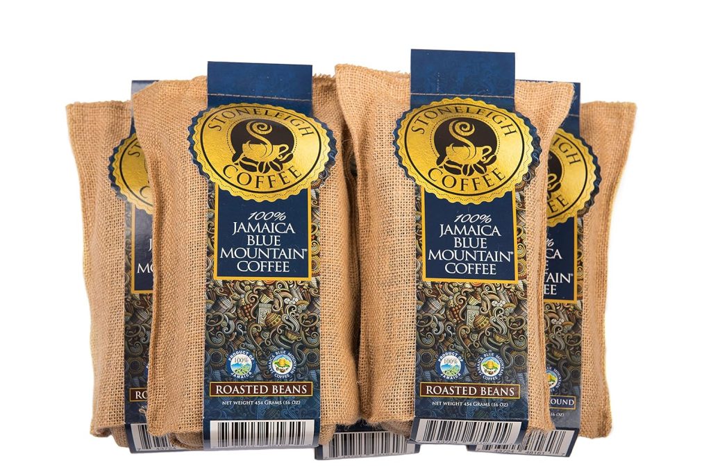 Stoneleigh Coffee – Five Pack (5) Premium 100% Grade A Jamaica Blue Mountain Coffee Roasted Beans - 16Ozs – Genuine Jamaican Product - Traditional Jamaican Crocus (Burlap) Bag Packed Ideal for Gifting
