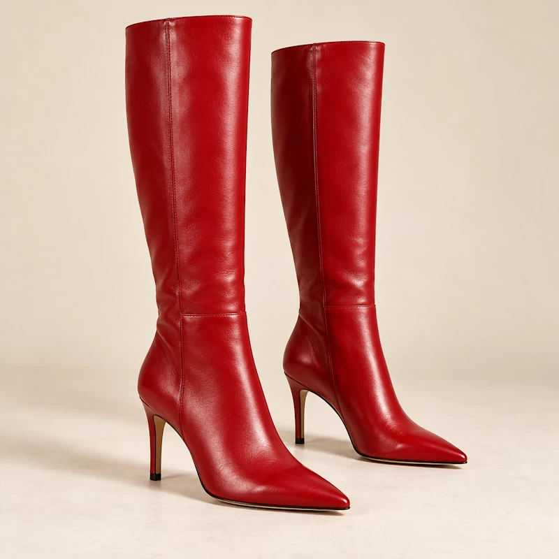 Cherry-red pointed-toe knee-high boots with slender heels