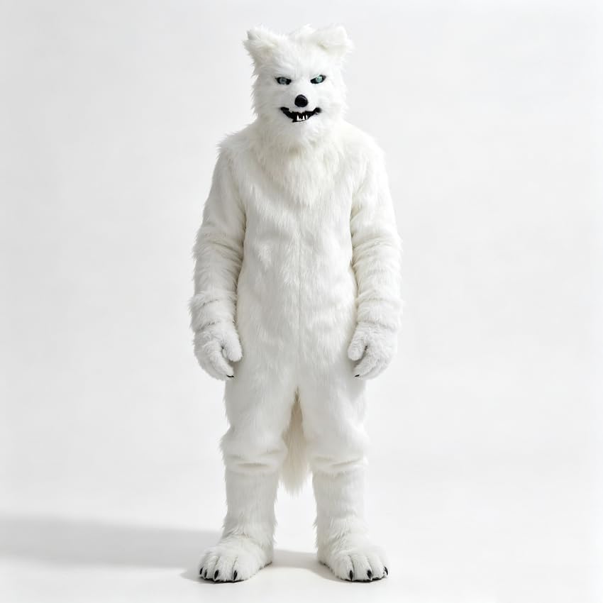 White Wolf Full Body Mascot Costume, Plush Werewolf Fursuit Fancy Dress