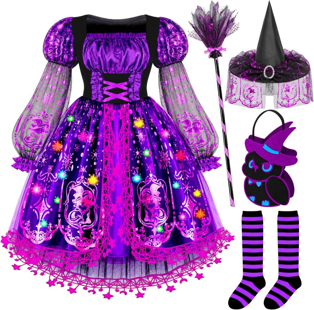 Witch Costume for Girls, Light Up Halloween Costume for Kids 3-10