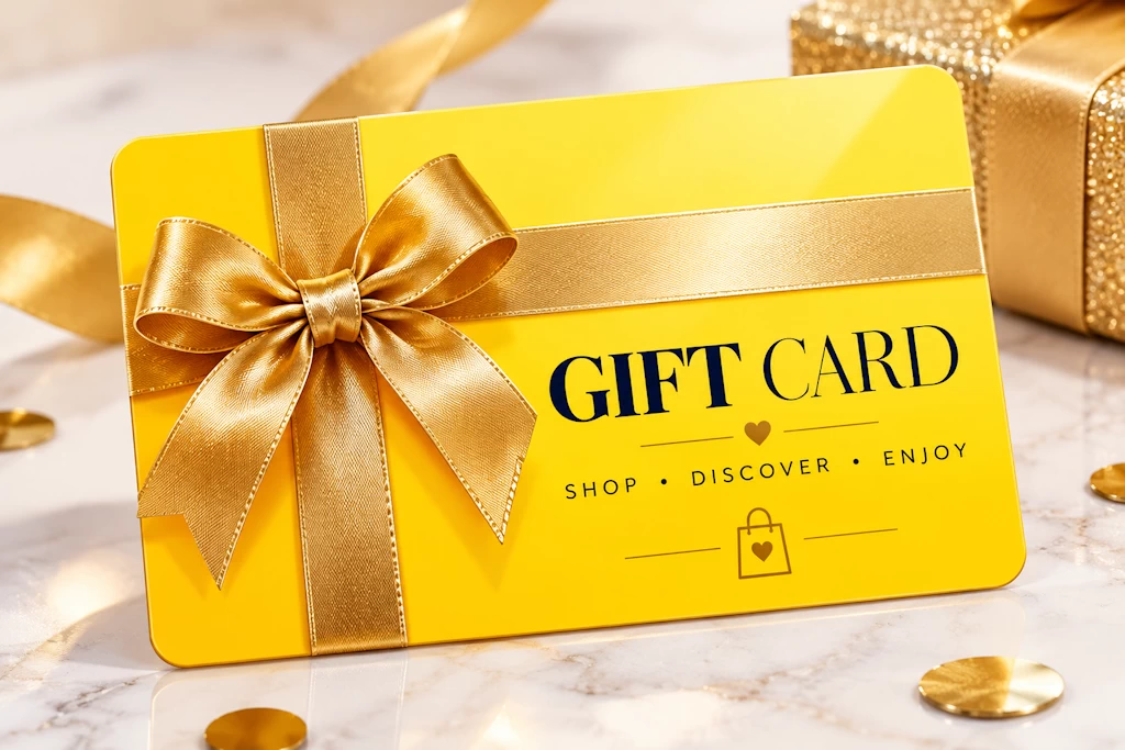 Bright yellow gift card with elegant gold ribbon for holiday gifting inspiration
